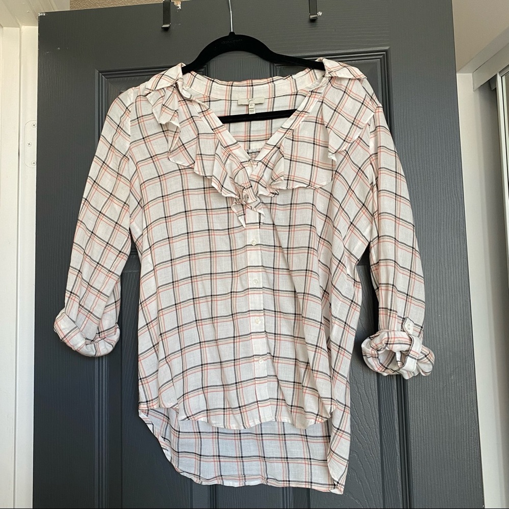 Joie Ruffled Fara plaid striped shirt size XS